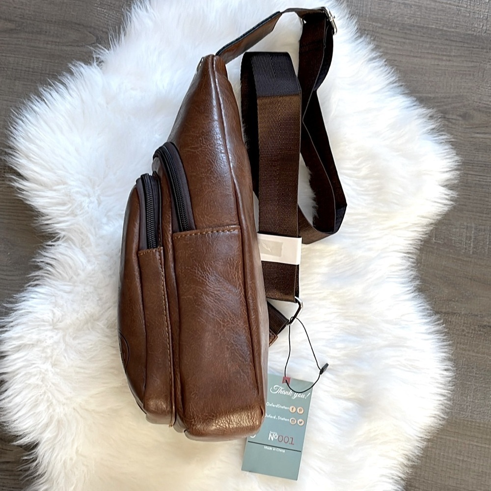 Oxford Station Vintage Style Unisex Crossbody Sling Bag Brown Vegan Leather - Picture 6 of 13